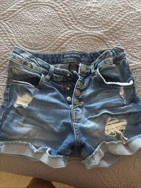 Vanilla Star Distressed Medium Blue Button-Fly Denim Shorts
